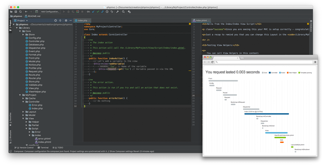 Image of the PHP MVC project, and the profiler